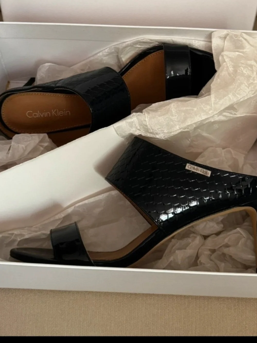 Calvin Klein Black Patent Two-Band Dress Mule Heel